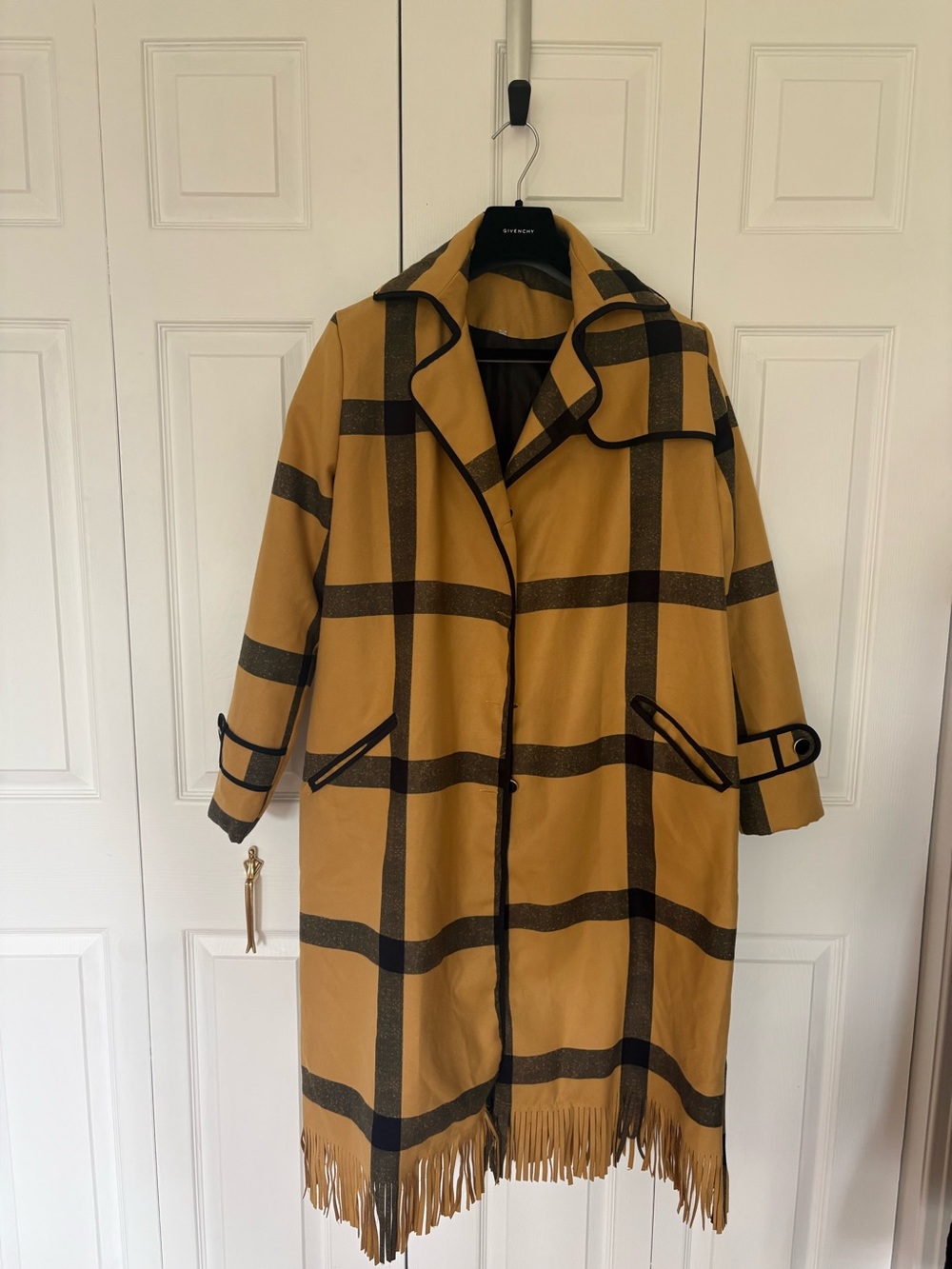 Women's Mustard Plaid Fringe Long Coat - Classic Check